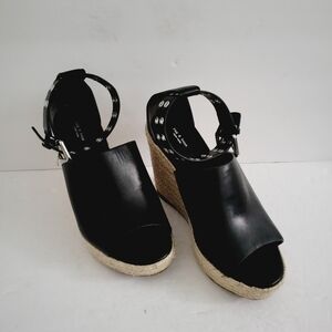 rag & bone Black Leather Espadrille Wedge Sandals with Ankle Stud Strap